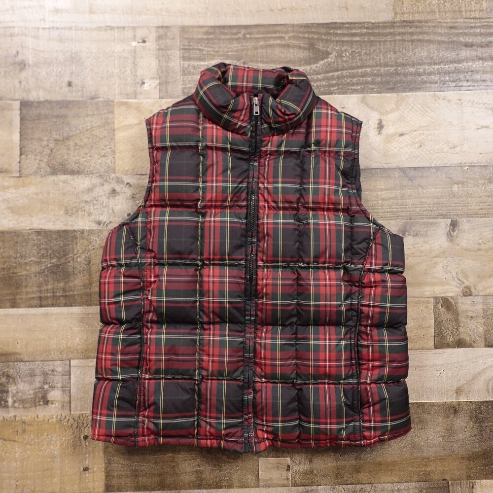 Eddie Bauer Goose Down Plaid Puffer Vest Women's Size Large Red Black plaid‎
